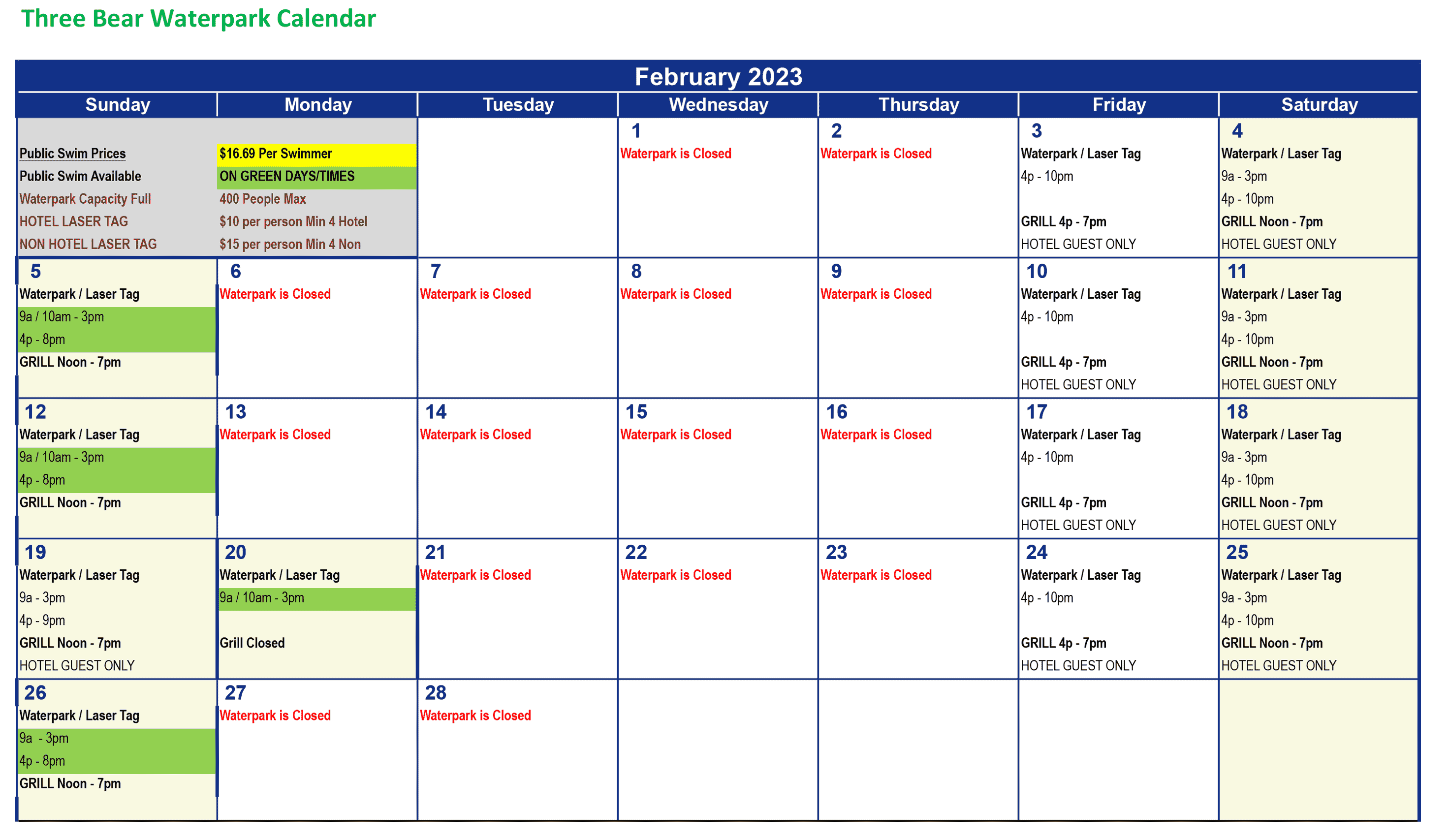 Waterpark Schedule - Holiday Inn Express Brainerd MN